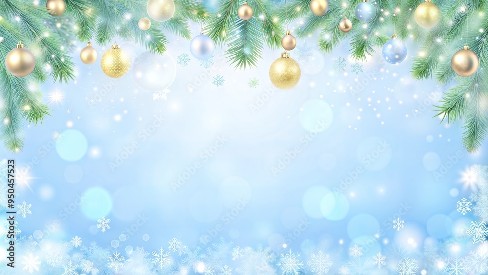 Christmas Tree Branches with Golden Ornaments on a Sparkling Blue Background with Copy Space Christmas Tree Branches with Golden Ornaments on a Sparkling Blue Background with Copy Space