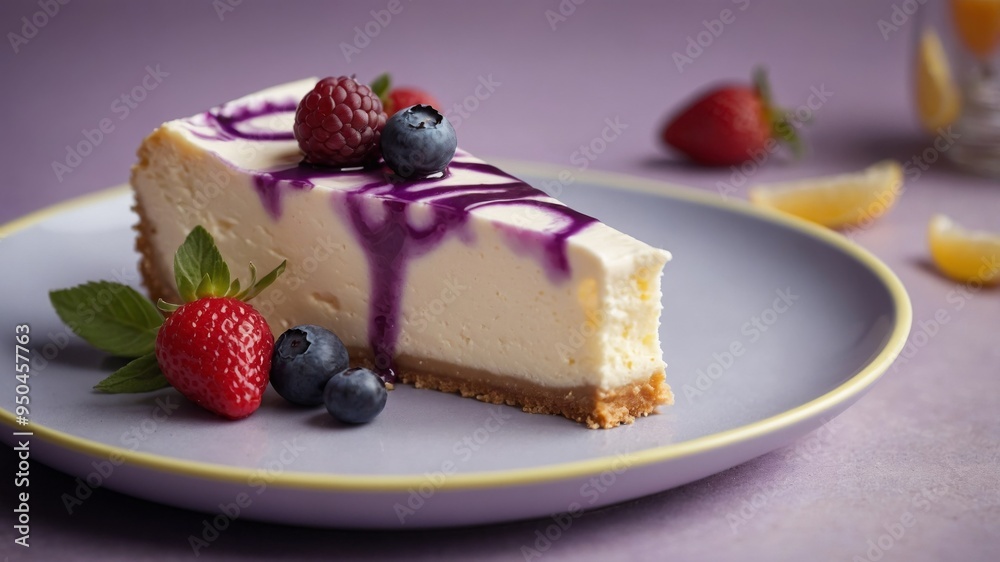 Single slice of cheesecake on yellow plate on pastel violet background. Single slice of cheesecake on yellow plate on pastel violet background.