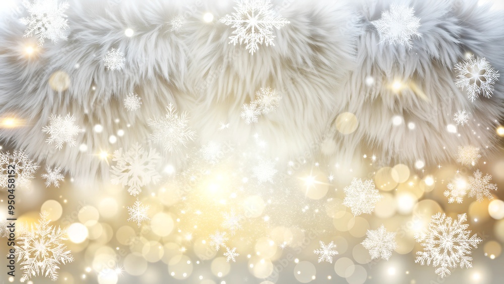 Fluffy White Fur with Snowflakes and Golden Bokeh Lights on a Festive Background with Copy Space Fluffy White Fur with Snowflakes and Golden Bokeh Lights on a Festive Background with Copy Space