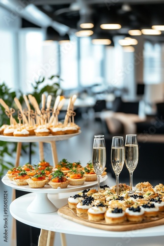 Catering setup in a modern office interior with tables featuring tartlets, snacks, canapés, and champagne. The scene highlights a sophisticated office event and elegant refreshments.