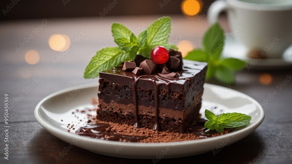 Delicious chocolate dessert with mint garnish. Delicious chocolate dessert with mint garnish.
