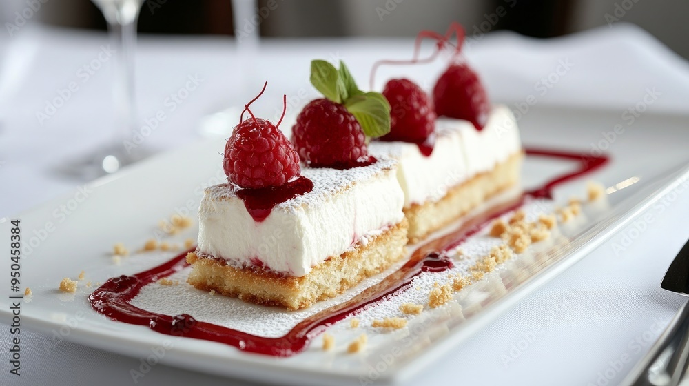 A sweet dish presented on an elongated platter with crumbs and raspberry sauce A sweet dish presented on an elongated platter with crumbs and raspberry sauce