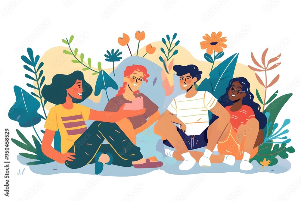 Fototapeta premium Group of diverse friends sitting together in a garden