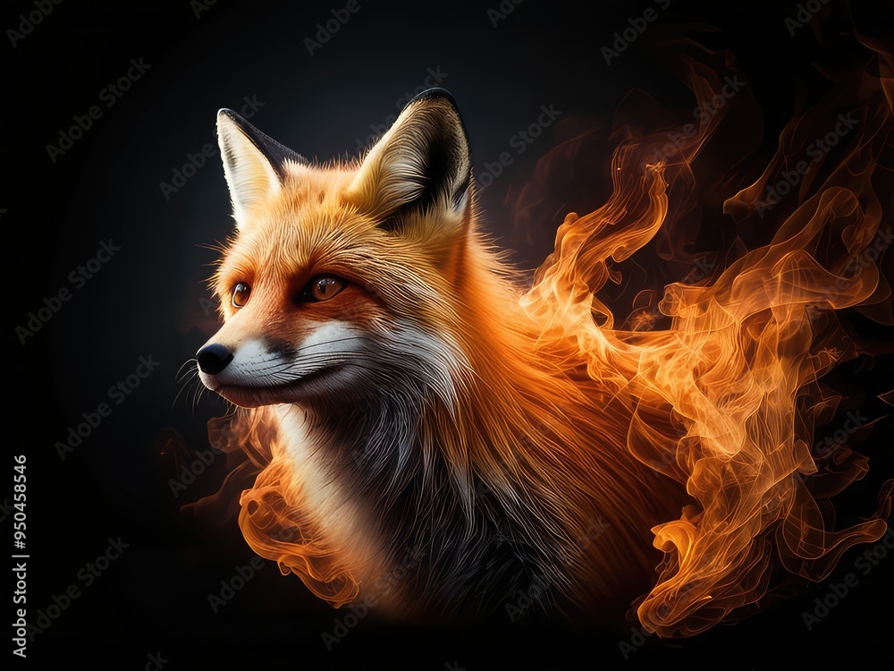 Fototapeta premium abstract 3d background with red fox on black background, A scary fox face logo in the fire on a white background. A magical creature made of fire