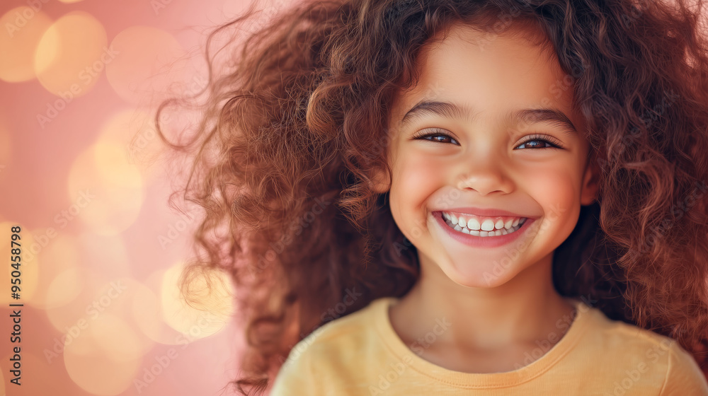 A young girl with curly hair beams with a joyful smile A young girl with curly hair beams with a joyful smile