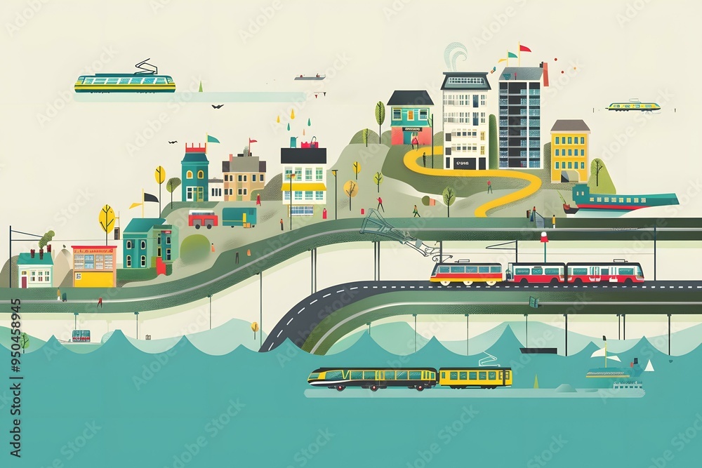 Obraz premium Cityscape Illustration with Buildings, Trains, and Boats
