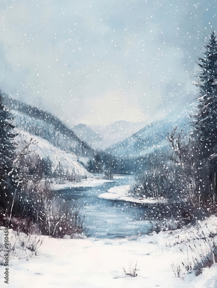 Fototapeta premium Heavy snowfall blanketing a mountain landscape, winter weather, cold and serene
