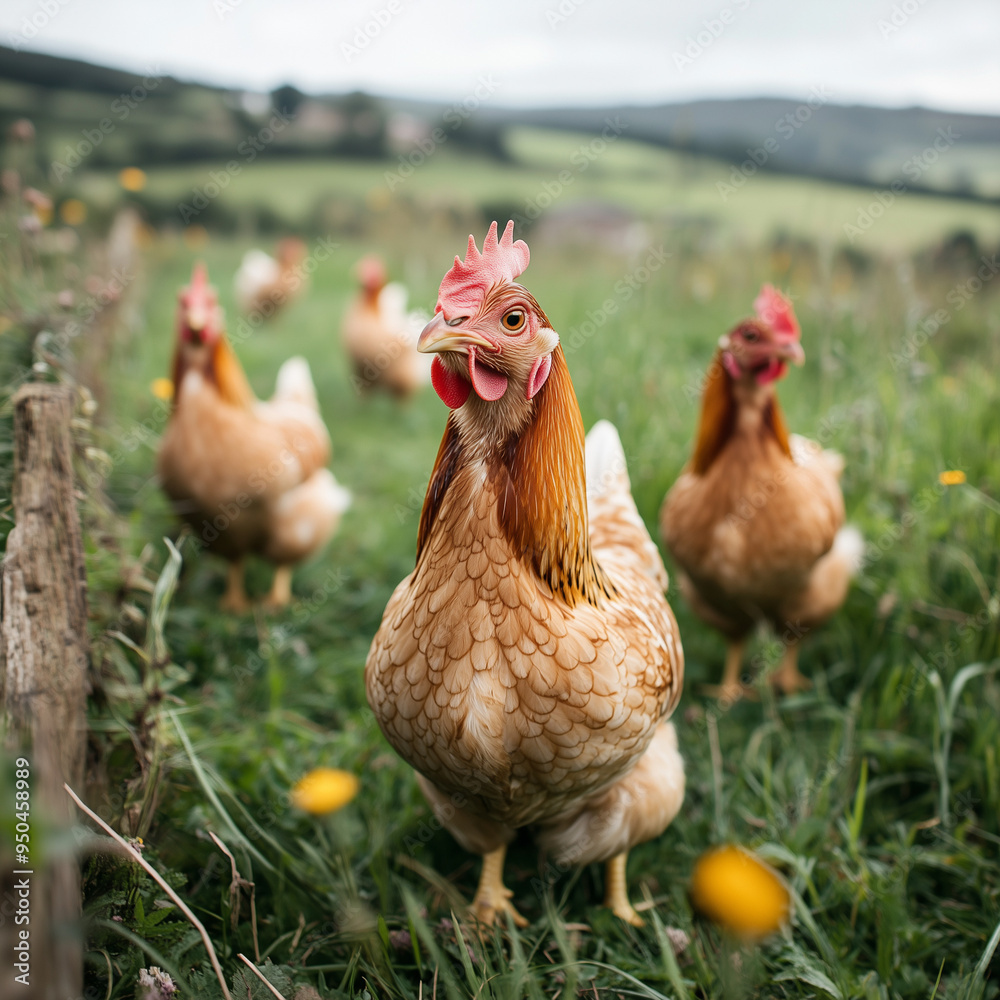 Fototapeta premium Chickens Grazing in a Lush Meadow