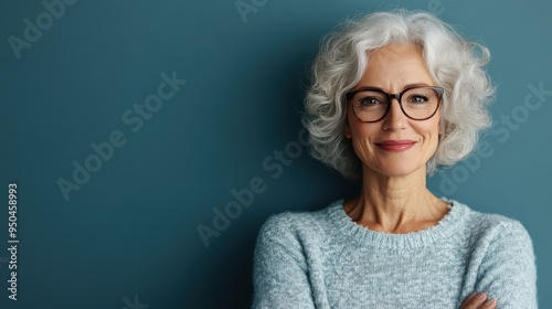 Smiling elderly woman with short grey curly hair, wearing glasses and a light blue sweater, posing against a blue backdrop, emanating a sense of wisdom and grace.