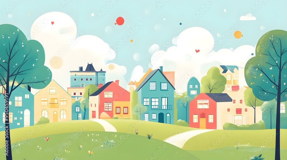 Cartoon Illustration Of A Small Town With Houses And Trees Cartoon Illustration Of A Small Town With Houses And Trees