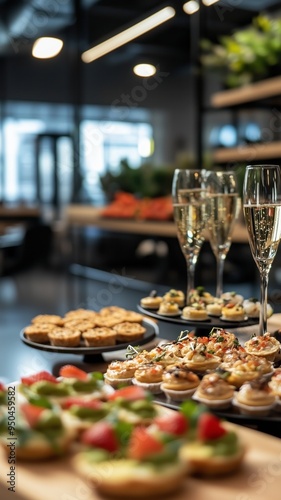 Catering setup in a modern office interior with tables featuring tartlets, snacks, canapés, and champagne. The scene highlights a sophisticated office event and elegant refreshments.