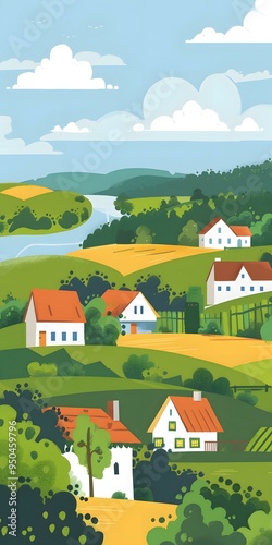 Rural Landscape Illustration with Houses and a River