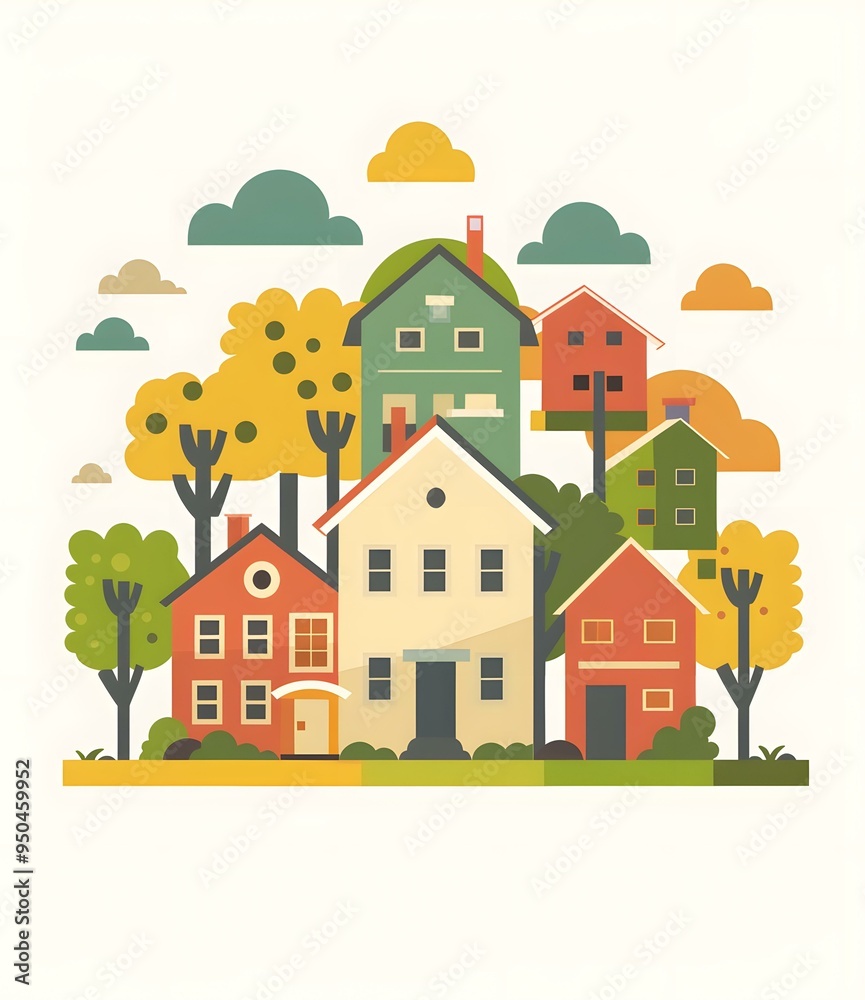 Colorful Illustration of a Small Town with Houses and Trees Colorful Illustration of a Small Town with Houses and Trees