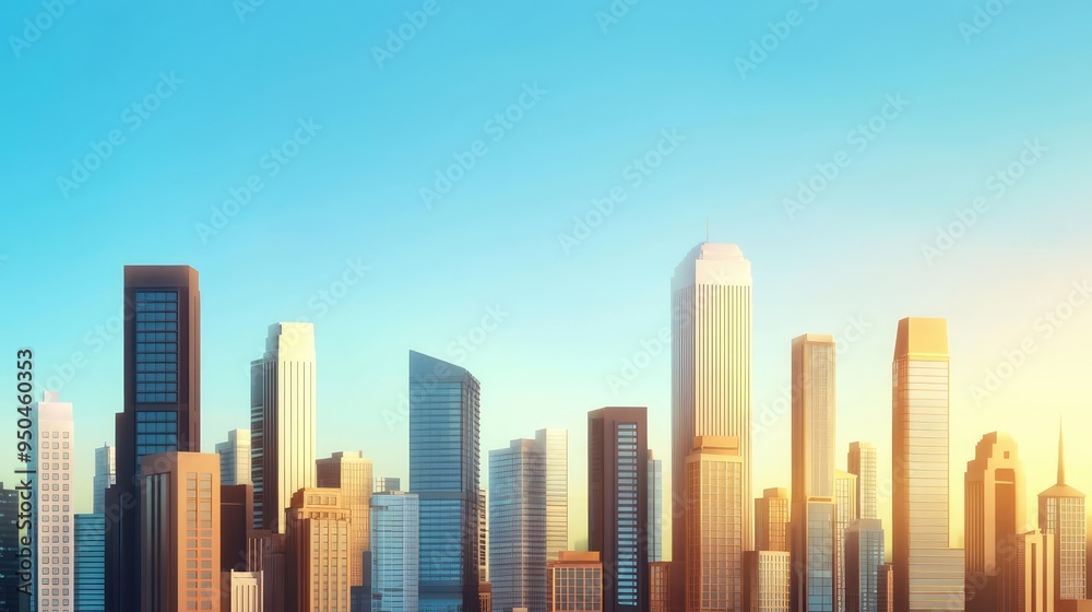 Fototapeta premium Stunning skyline at sunset with a clear blue sky, showcasing modern skyscrapers and urban architecture, perfect for various projects.