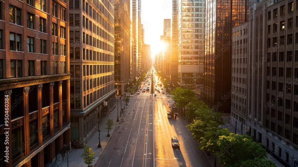 Fototapeta premium A stunning sunset casts golden light over a city street, highlighting towering buildings and creating a serene urban atmosphere.