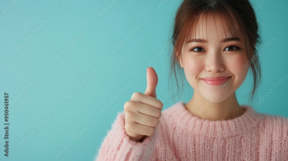 A cheerful and warm portrait of a smiling young woman giving a thumbs-up gesture while wearing a cozy pink sweater, showcasing positivity and approval. A cheerful and warm portrait of a smiling young woman giving a thumbs-up gesture while wearing a cozy pink sweater, showcasing positivity and approval.