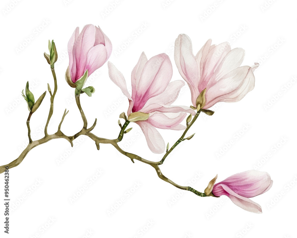 Fototapeta premium A delicate illustration of pink magnolia flowers on a branch.