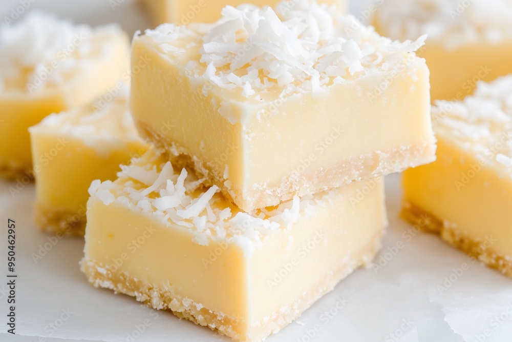 creamy lemon fudge squares topped with shredded coconut, stacked on a white parchment paper creamy lemon fudge squares topped with shredded coconut, stacked on a white parchment paper