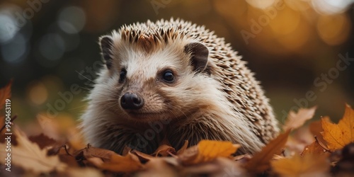 Cute hedgehog in garden with autumn leaves.