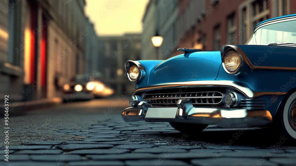 Obraz premium A classic blue car parked on a cobblestone street in a city setting. The car's headlights are on and the street is lit by streetlights.