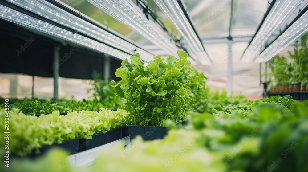A vertical farming setup inside a modern greenhouse, showcasing stacks of leafy greens growing under LED lights. The setup is highly efficient, using minimal water and space while maximizing crop