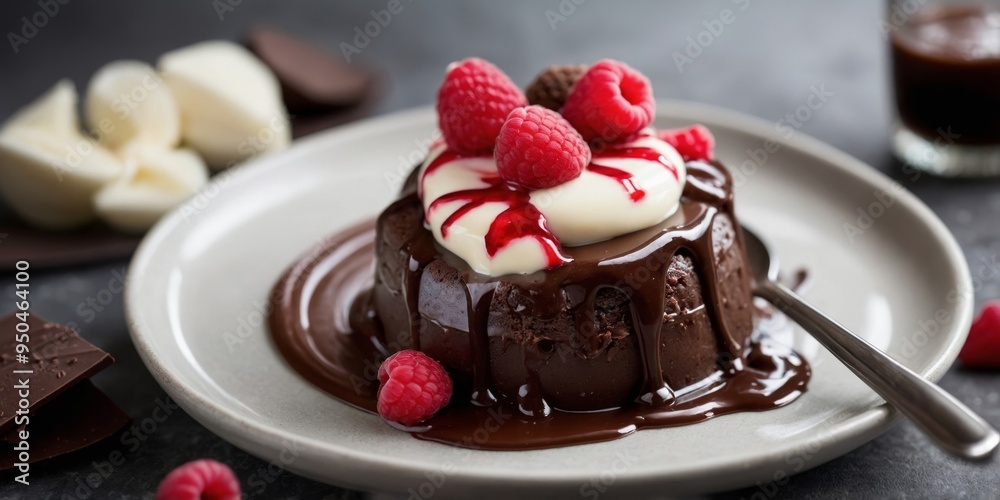 Dark chocolate pudding with vanilla sauce and raspberry fruits. Dark chocolate pudding with vanilla sauce and raspberry fruits.
