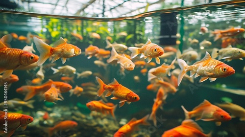 A sustainable aquaponics system in a greenhouse, where fish swim in tanks below while plants grow above in nutrient-rich water. The system is self-sustaining, with the fish waste providing nutrients photo