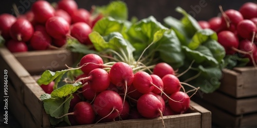 Freshly Harvested Red Radishes in a Wooden Crate. photo