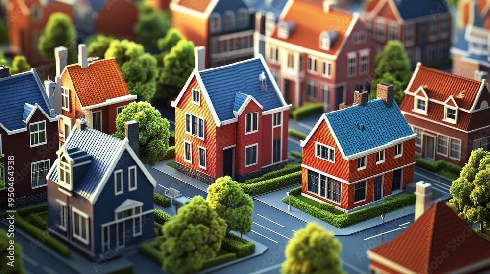 A miniature cityscape with colorful houses, green trees, and winding streets. A miniature cityscape with colorful houses, green trees, and winding streets.