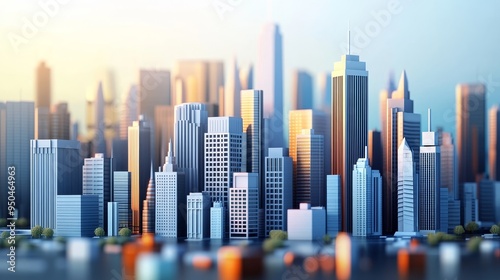 A miniature cityscape with a variety of skyscrapers under a bright, blue sky.