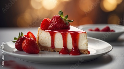 Slice of cheesecake with red sauce and strawberry fruits. photo