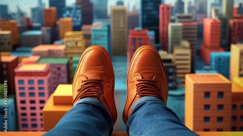 A pair of brown leather shoes dangle over a colorful cityscape