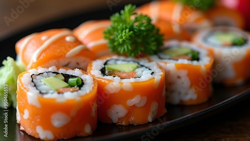 Sushi Selection Fresh Rolls with Ginger and Wasabi Garnish