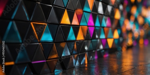 Futuristic wall with triangle shaped black tiles. photo