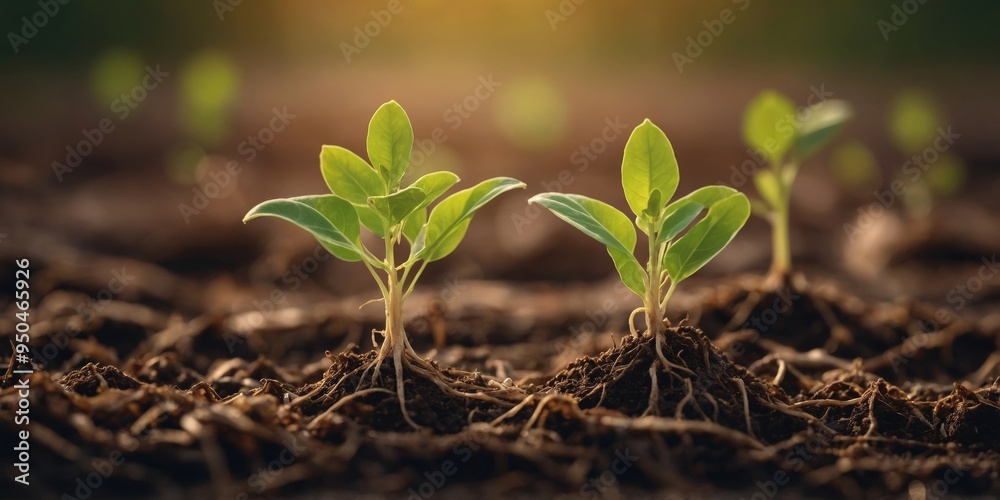 roots and fresh soy leaves sprouting soybean seeds in the ground.