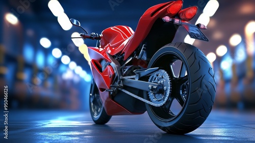 A sleek red motorcycle parked in a dimly lit garage with neon lights. The motorcycle's rear wheel and tail light are in focus.  The image conveys speed, power, and urban style. photo