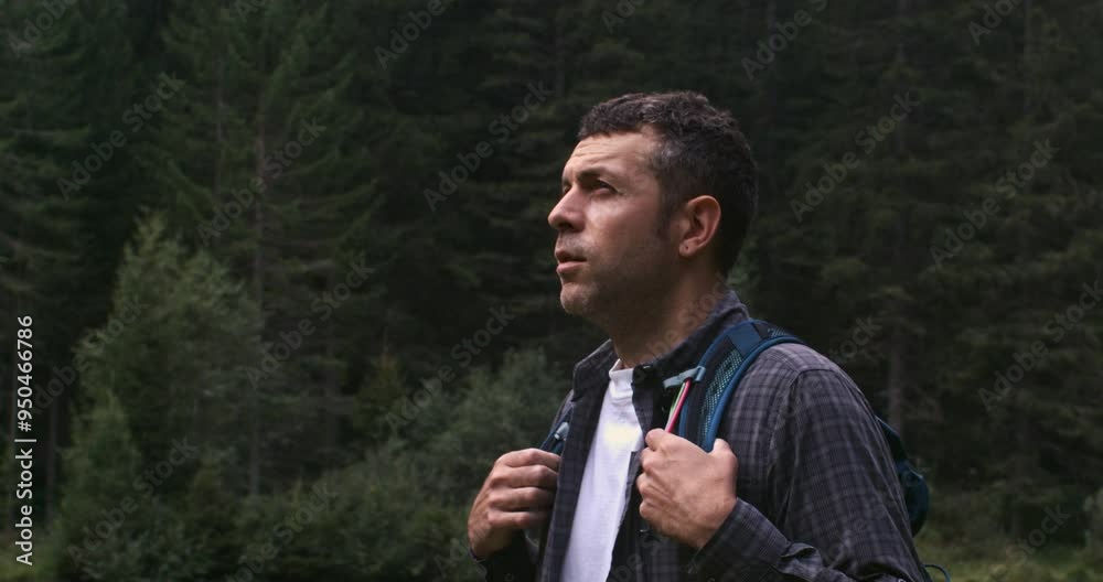 Super slow motion close of young tourist with backpack breathing fresh air and enjoying panorama while trekking in mountains nature during holidays travel, filmed at 1000 fps. Super slow motion close of young tourist with backpack breathing fresh air and enjoying panorama while trekking in mountains nature during holidays travel, filmed at 1000 fps.