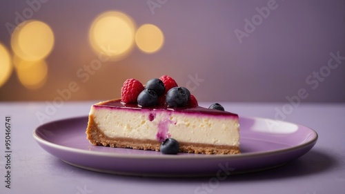 Single slice of cheesecake on yellow plate on pastel violet background.