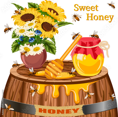 Flowers and honey stand on a barrel.Barrel and jar with honey, vase with flowers and bees in color vector illustration on transparent background.