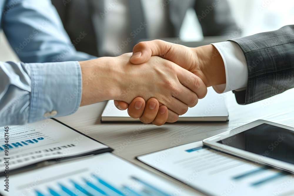 Handshake Agreement Business Partners Seal a Deal at Desk Handshake Agreement Business Partners Seal a Deal at Desk