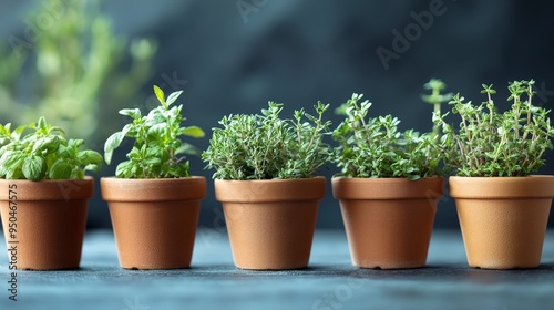 Fresh Potted Herbs: Close-up of Thyme and Rosemary in Small Pots with Simple Background