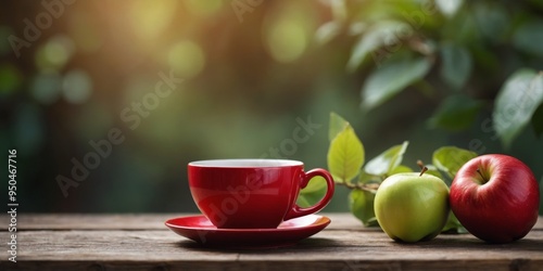 Red Tea Cup with Apple and Green Leaf on Rustic Wooden Table.