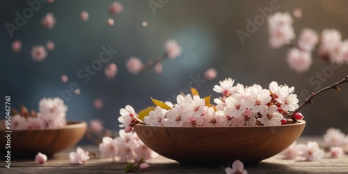 Delicate Cherry Blossoms and Petals in Wooden Bowl.