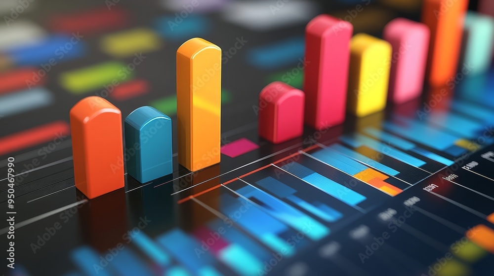 Colorful 3D bar chart rising above a digital background with blue and green lines. Colorful 3D bar chart rising above a digital background with blue and green lines.