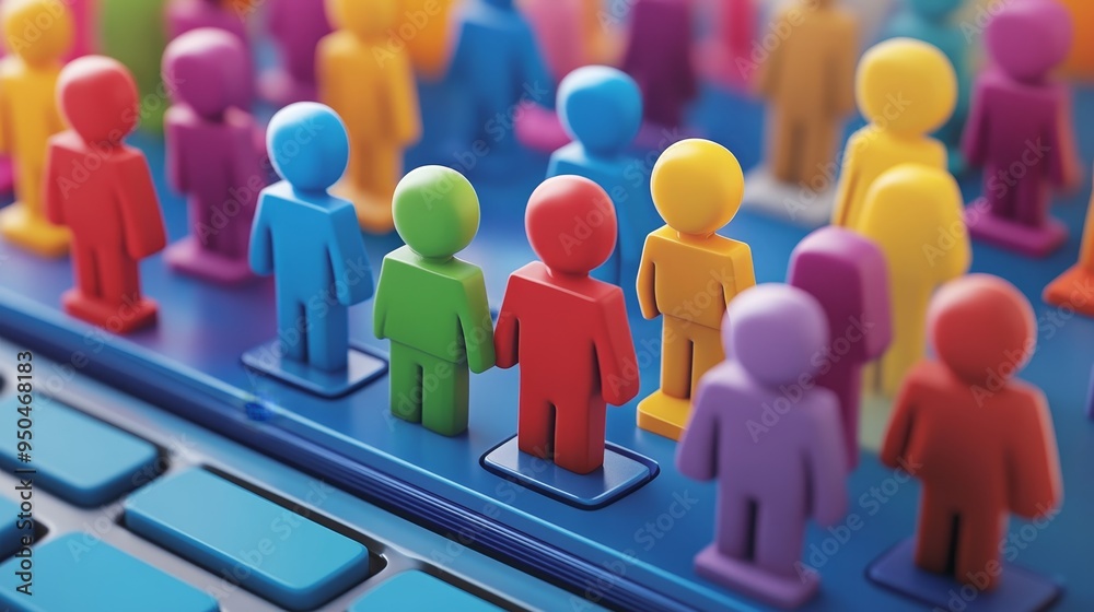 Colorful figurines representing a diverse group of people standing on a blue keyboard. Colorful figurines representing a diverse group of people standing on a blue keyboard.