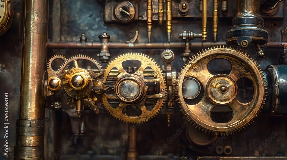 Gears intricate machinery brass instruments steampunk-inspired workshop vintage industrial heavy textures Gears intricate machinery brass instruments steampunk-inspired workshop vintage industrial heavy textures