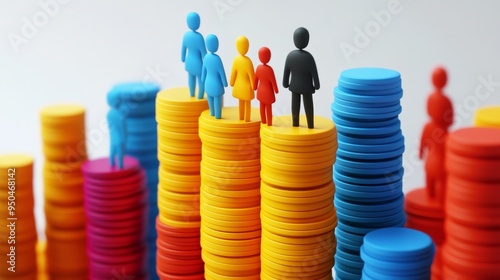 Colorful figures stand atop stacks of coins representing inequality and financial disparity. photo