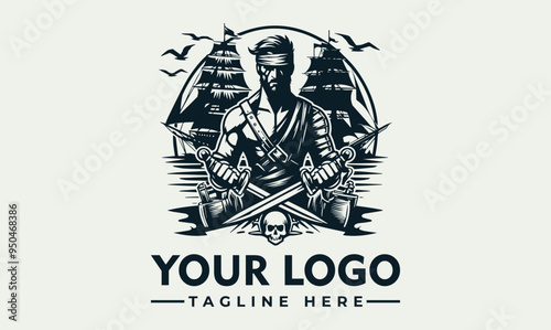 Mummy holding a dagger vector logo with a pirate ship in the background. Suitable for Halloweenthemed designs, books, or spooky content creation.