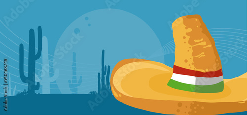 sombrero on the background of desert and cacti, blue mexican vector background, banner with free copy space

