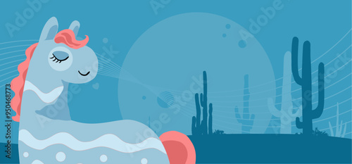 piñata, pony on the background of desert and cacti, blue mexican vector background, banner with free copy space